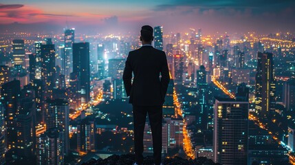 Fototapeta na wymiar Successful Businessman Standing in His Modern Office. Contemplating Future Deal, Looking at night city skyscapes. Back View of handsome man in black suit. Business District. Male boss silhouette.