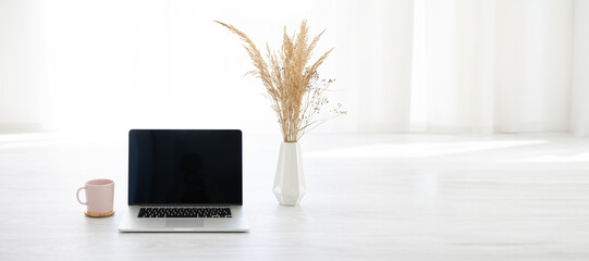 Laptop with coffeemug and dryflowers on white background