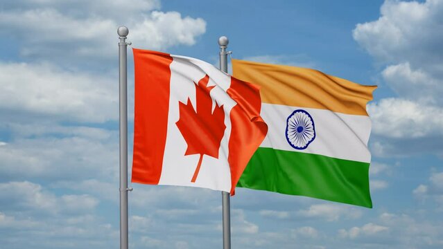 India and Canada two flags waving together, looped video, two country relations concept
