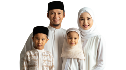 Happy Arabic Muslim family photo isolated on white background