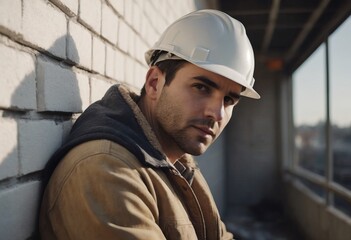 Worker puts a white brick on a construction site