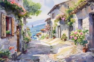 Fototapeta na wymiar A watercolor illustration of a cobblestone road lined with quaint houses, blooming flowers, and distant hill views.