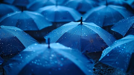 Sea of blue umbrellas under rainy skies offering shelter and unity - obrazy, fototapety, plakaty