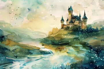 Obraz na płótnie Canvas A watercolor painting of a castle perched on a hill overlooking a shimmering river.