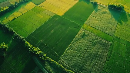 Cultivated land and land plot or land lot. Consist of aerial view of green field, agricultural plant and ridge. That is tract of land for cultivate, owned, sale, development, rent, buy or investment. - obrazy, fototapety, plakaty