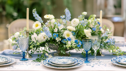 A beautiful floral centerpiece with blue and white flowers is prominently displayed, indicative of a special occasion or celebration.