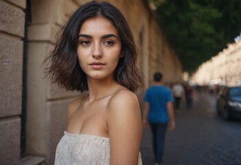 Naklejka premium Beautiful woman 20 years old walking in the city on a sunny day