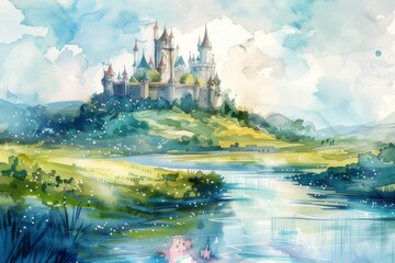 Naklejka premium A watercolor painting of a castle perched on a hill overlooking a shimmering river.
