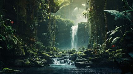 Hidden Waterfall Veil of Cascading Waters Amidst Jungle