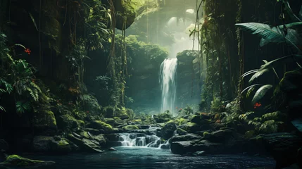 Foto auf Acrylglas Hidden Waterfall Veil of Cascading Waters Amidst Jungle © khan
