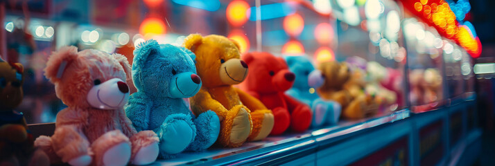 teddy bears and stuffed animals in an arcade claw machine, colorful plush toys in an arcade,  - obrazy, fototapety, plakaty