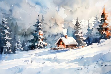 Naklejka premium A watercolor illustration depicting a snowy winter landscape featuring a small hut.