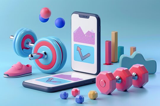 A conceptual 3D presentation of a mobile app for tracking fitness progress with virtual rewards