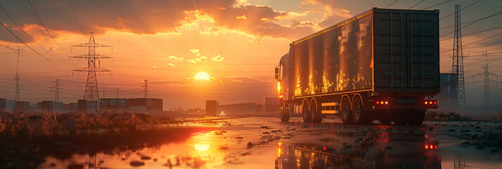 Close up of the truck and container  at sunset