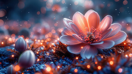 Vibrant lotus flower blooming amidst glowing lights with a dreamy blurred and bokeh background.