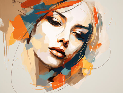 Abstract painting depicting a woman with vibrant orange hair, with striking features and a confident expression