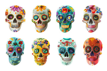 Vibrant collection of decorated sugar skulls in various colors isolated on white, symbolizing Mexican Day of the Dead celebration.
