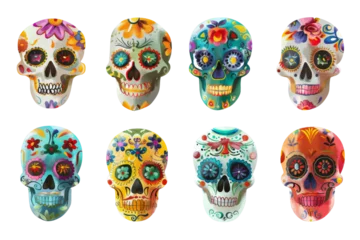 Photo sur Aluminium Crâne Vibrant collection of decorated sugar skulls in various colors isolated on white, symbolizing Mexican Day of the Dead celebration.