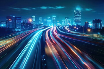 Fototapeta na wymiar Smart digital city with high speed light trail of cars of digital data transfer