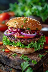 Fresh Hamburger With Lettuce, Tomato, and Onion on Cutting Board