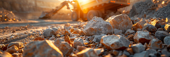 Closeup of rocks and earth at the site of an open pit mine, mine mining process in fabric - obrazy, fototapety, plakaty