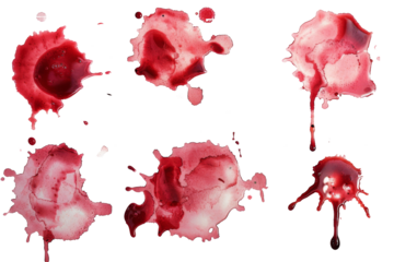 Splash of red wine or blood in various dynamic shapes, symbolizing movement and vitality, ideal for medical or criminal backgrounds