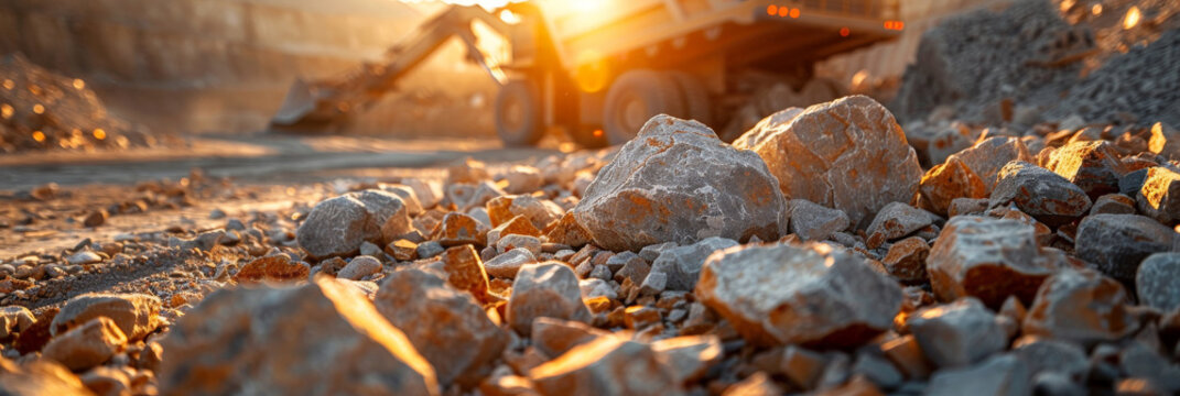 Closeup of rocks and earth at the site of an open pit mine, mine mining process in fabric