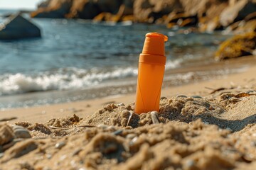 A orange color sunscreen lotion mockup on sand on sea shore with a great sunny day