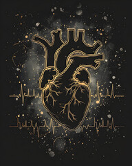 An intricate drawing of a human heart in black and white, the detailed pattern mimicking the look of metal on a dark background, creating a striking symbol of darkness and emotion