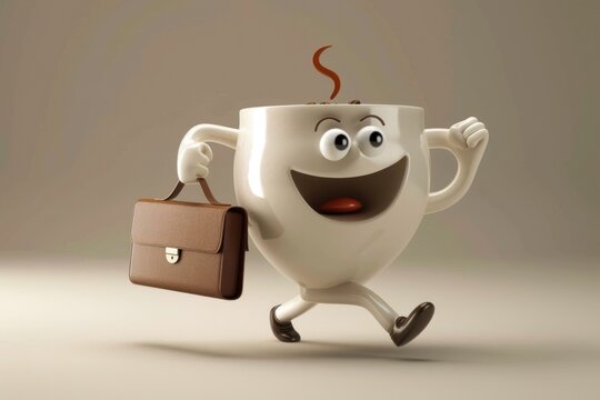 3d cartoon coffee cup mascot running with a briefcase
