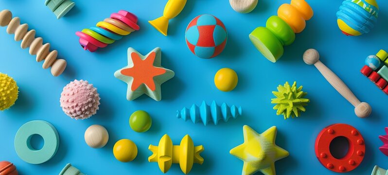 children's toys. Set of colorful wooden ones for children on a blue background. View from above. generative ai