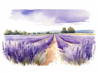 Beautiful violet lavender fields landscape. Watercolor illustrations set isolated on white background