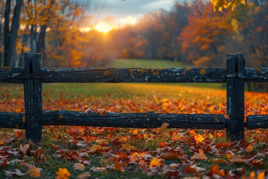 A captivating autumn scene with a wooden fence covered in moss and fallen leaves at sunset