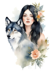 Portrait of romantic girl with wild flowers, leaves and wolf. Watercolor illustration set isolated on white background