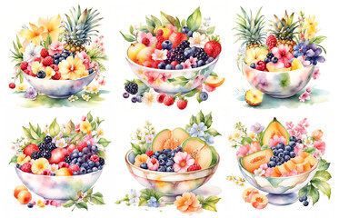 Healthy bowl set, Strawberry, Blueberry, Pineapple, Melon, Watercolor illustrations set on white background