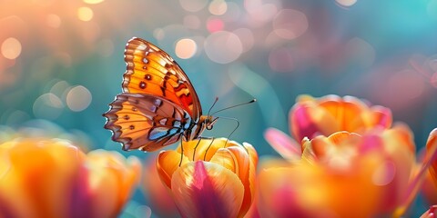 A Butterfly Rests Gracefully on a Vibrant Tulip. Concept Nature, Beauty, Flowers, Wildlife, Spring