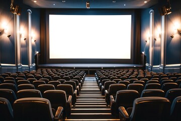 Obraz premium Movie cinema hall interior with rows of seats and white blank mockup screen