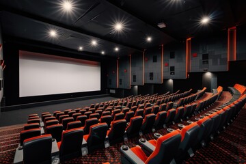 Movie cinema hall interior with rows of seats and white blank mockup screen
