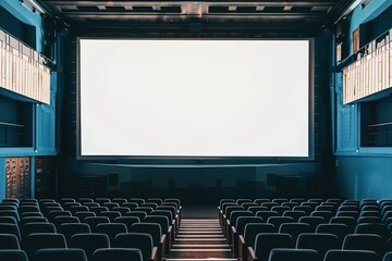 Fototapeta premium Movie cinema hall interior with rows of seats and white blank mockup screen