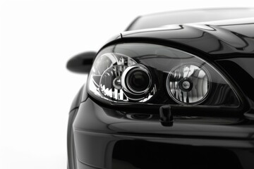 Closeup on headlight of a generic and unbranded black car on a white background