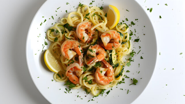 Pasta with shrimps and parsley on a white plate