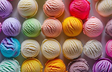 Obraz premium Bright background with colorful ice cream balls with different fruit flavors. Cold and fresh summer treats. Menu Concept. Flat plan, top view. 