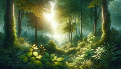Artistic illustration of lush green and golden leaves with a mystical, glowing light in an enchanted forest scene.