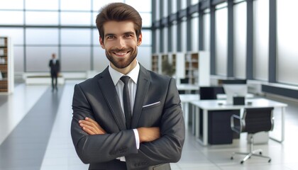 Businessman stands with crossed arms in a bright, contemporary office lobby.