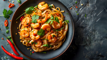 Spaghetti with shrimps and parsley on a dark background