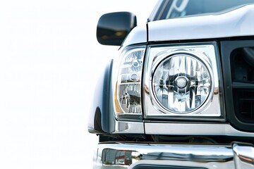 Closeup on headlight of a generic and unbranded pickup truck car on a white background