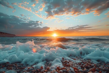 The sun sets casting a golden glow over foamy waves caressing a pebble filled shoreline, evoking...
