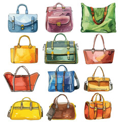 A collection of different types of bags. watercolor clipart