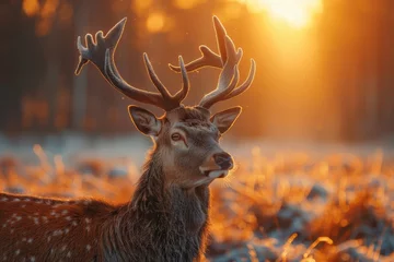 Fototapeten A majestic deer stands proudly in a frost-kissed forest, bathed in a warm sunrise light, embodying peace and natural elegance © Dacha AI