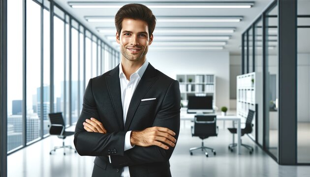 Businessman stands with crossed arms in a bright, contemporary office lobby.